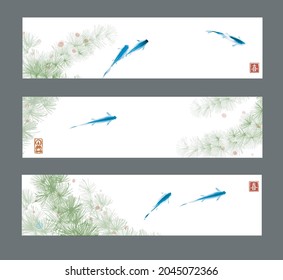Three banners with small blue fishes and seaweed on white background. Traditional oriental ink painting sumi-e, u-sin, go-hua. Translation of hieroglyph - joy.