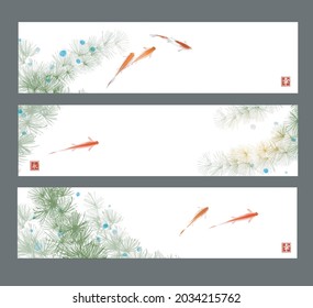 Three banners with small red fishes and seaweed on white background. Traditional oriental ink painting sumi-e, u-sin, go-hua. Hieroglyph - happiness, eternity
