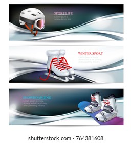 Three banners with snowboard, ski helmet and skates