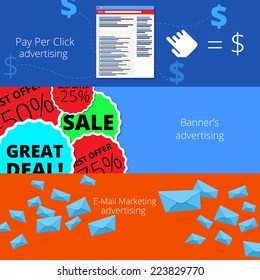 Three banners that illustrated online advetrising ppc - pay per click, banners and e-mail marketing.