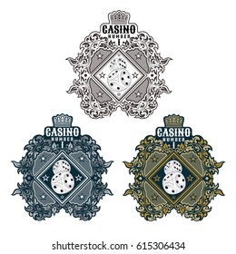 Three banners with Two dice in center of gold, silver floral pattern. Sport logo for any casino or board game all star