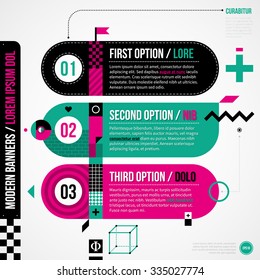 Three banners in weird geometric style with abstract shapes and flashy colors. EPS10 vector template