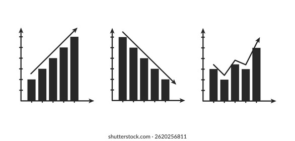 Ícones de gráfico de três barras ou gráfico mostrando tendências ascendentes, descendentes e flutuantes com setas indicando direção.