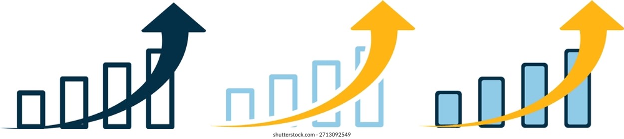 Tres iconos de gráficos de barras con flechas hacia arriba, cada uno mostrando cinco barras ascendentes, que simbolizan el crecimiento, el progreso y las tendencias de rendimiento. Ideal para imágenes de negocios, finanzas y productividad.