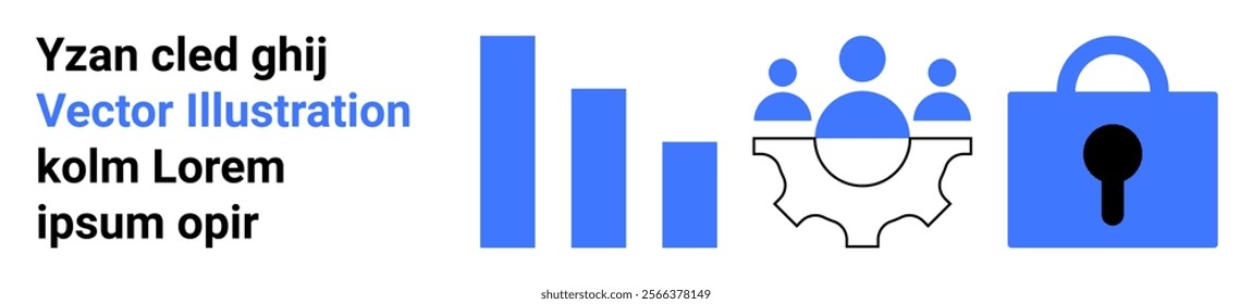 Three bar graphs, three people figures on a gear, and a locked padlock. Ideal for business analytics, team collaboration, data security, growth analysis, and corporate strategy. Landing page