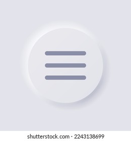 Three bar line menu Icon, White Neumorphism soft UI Design for Web design, Application UI and more, Button, Vector.