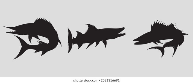 Three barracuda silhouettes with sharp fins, elongated bodies, and fierce jaws, showcasing their sleek, aggressive, and predatory nature in marine environments