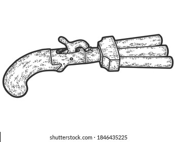 Tres revólver barnizado. Grabando ilustración vectorial. Esbozar la imitación de tablero de arañazos.