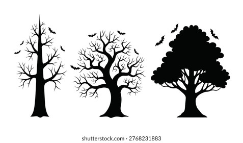 Three barren trees with flying bats against a white background silhouette