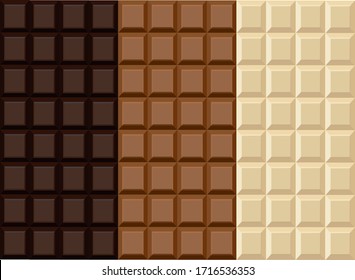 Three bars of chocolate. Chocolate is white, dark and milky.
Seamless pattern. Texture wallpaper. Chocolate puzzle.