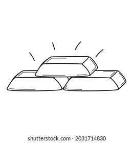 Three bars of gold, precious metals. Hand-drawn black and white vector illustration. Isolated on a white background.