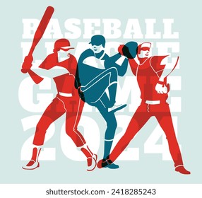 Three baseball athletes in motion poses. Colorful silhouettes. Professional match poster flyer design. vector flat illustration