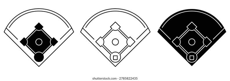 Three baseball field icons in different styles for editorial and commercial use