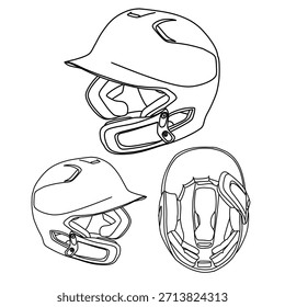 Three baseball helmets are depicted in a detailed line art illustration, showcasing different perspectives and angles of the protective gear