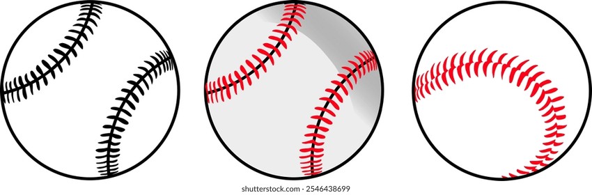 Tres pelotas de béisbol ilustradas en marcos circulares, con varios diseños de costuras: una en blanco y negro, otra con un efecto de sombra y una clásica pelota de béisbol con costuras rojas.