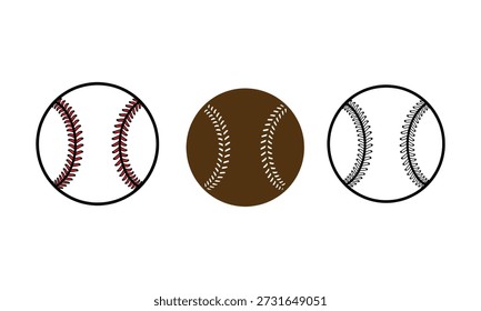Três bolas de beisebol, uma vermelha costurada, uma marrom, uma preta costurada, na branca.