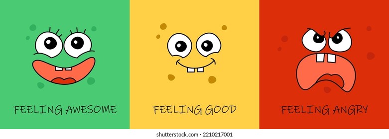 Three basic emotions flashcards vector set for kids. Awesome to angru scale of little human mood. Square cards with colorful characters. Editable stroke.