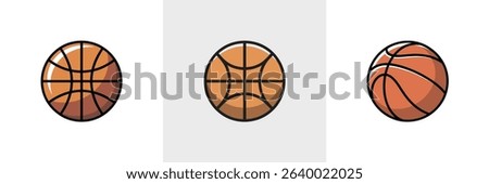 Three basketball graphics display variations of the same ball. The left and right balls are angled; the center is full front. All have the standard orange, rounded, panel design.