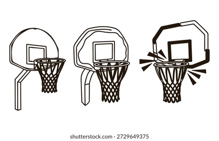 Three basketball hoops with nets and backboards in different positions