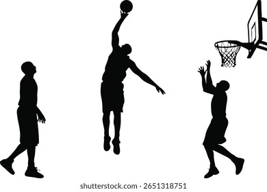 Three basketball players in action, captured in silhouette.
