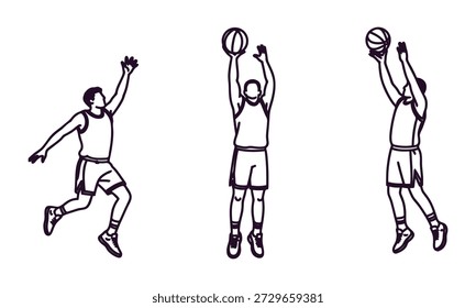 Três jogadores de basquetebol em diferentes poses saltando e atirando bola