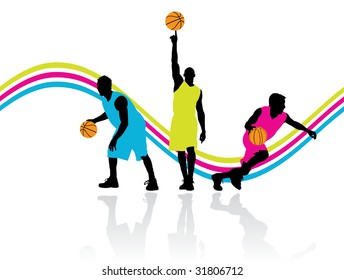 three basketball players with reflection on the floor, vector illustration