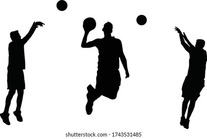 Three basketball players silhouettes on white background. Vector Illustration