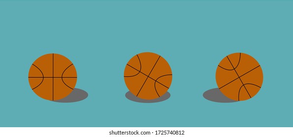 Three basketballs with the different shadow and position are on the floor. On blue green background. Sport at home concept.