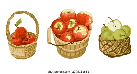 Three baskets filled with red and green apples, showcasing a woven basket, a wooden bucket, and a wicker container, arranged on a white background