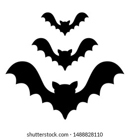 Three bat flying black silhouette icon set. Cute cartoon baby character with big open wing. Happy Halloween. Forest animal. Flat design. White background. Isolated. Greeting card. Vector illustration