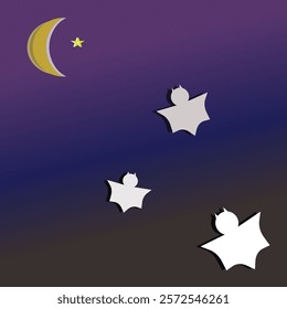 Three bats fly against a backdrop of a crescent moon and a single star in a deep purple night sky. The image creates a mysterious and ethereal atmosphere.