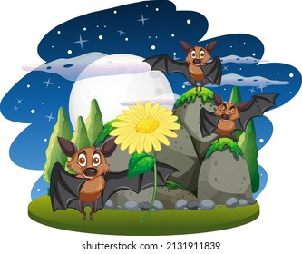 Three bats in the forest at night illustration