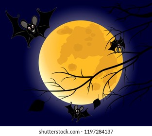 three bats on full moon background, vector illustration