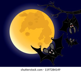 three bats on full moon background, vector illustration