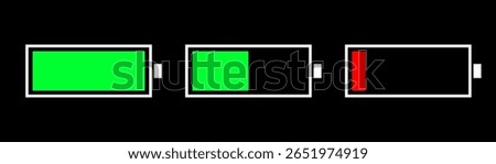 Three batteries are shown in a row, with the middle one being the lowest. Concept of low energy or power, and the mood is somewhat somber or serious