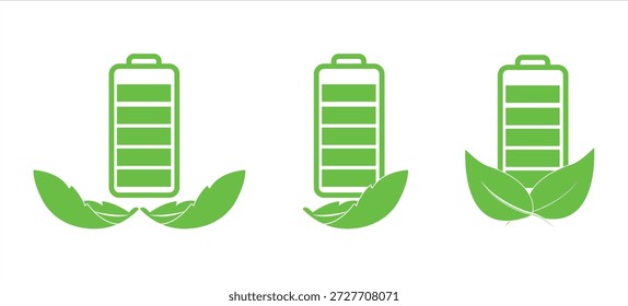 Three battery icons with leaf symbol representing green energy battery, energy, green energy, eco-friendly,  and sustainable power solutions.