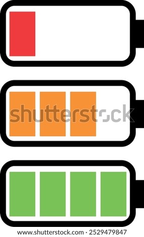 Three battery icons: one red, mostly empty indicating low charge; one orange, partially filled indicating medium charge; one green, fully filled indicating full charge.