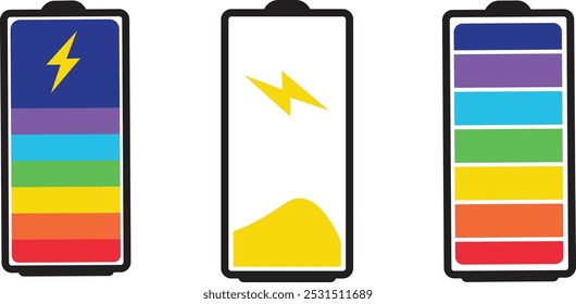 Three battery icons showing power and recharge mode. Hand drawn colorful line art graphics for using as logo, icon, symbol on related industry.