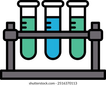 Three beakers of different colors are on a stand. The colors are blue, green, and yellow