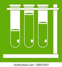 Three beakers icon white isolated on green background. Vector illustration