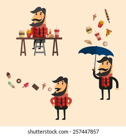 Three bearded characters with fast food
