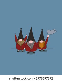 Three bearded gnomes on a blue background