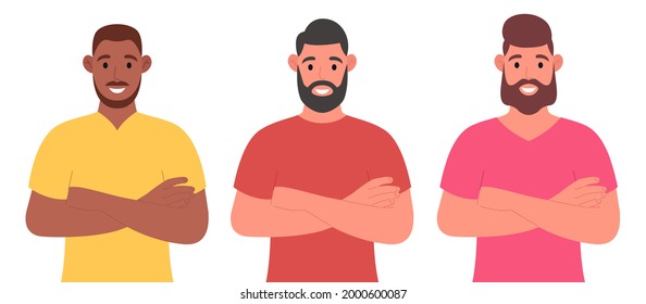 Three bearded men of different nationalities keeping arms crossed. Character set. Vector illustration in cartoon style.