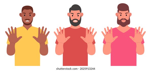 Three bearded men shows stop gesture with their hands. Character set. Vector illustration.