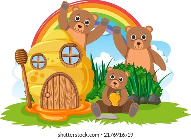 Three Bears With Beehive House Illustration