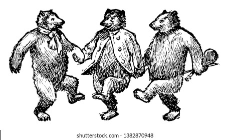 Tres osos bailando, esta imagen muestra tres osos bailando juntos tomándose las manos unos de otros, dibujando líneas antiguas o grabando ilustraciones