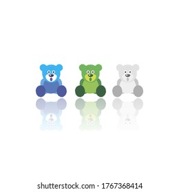 Three bears of different colors with reflection