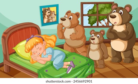 Tres osos descubren Ricitos de Oro durmiendo en la cama.