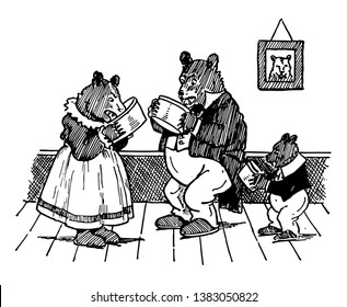 Tres osos comiendo de sus tazones, dibujo vintage de líneas o ilustración de grabado