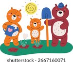 Three bears with gardening tools and plants in a playful cartoon style. Two bears hold a watering can and a shovel under a shining sun. Cartoon vector illustration.